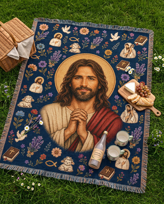 Praying Jesus - Good Shepherd Garden Woven Blanket