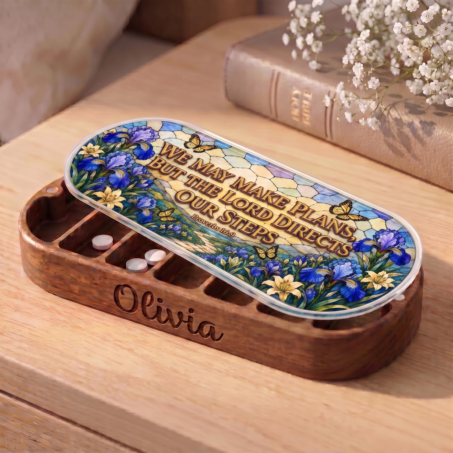 Personalized Olivia Pillcase with blue irises, lilies, butterflies and Proverbs 16:9 artwork