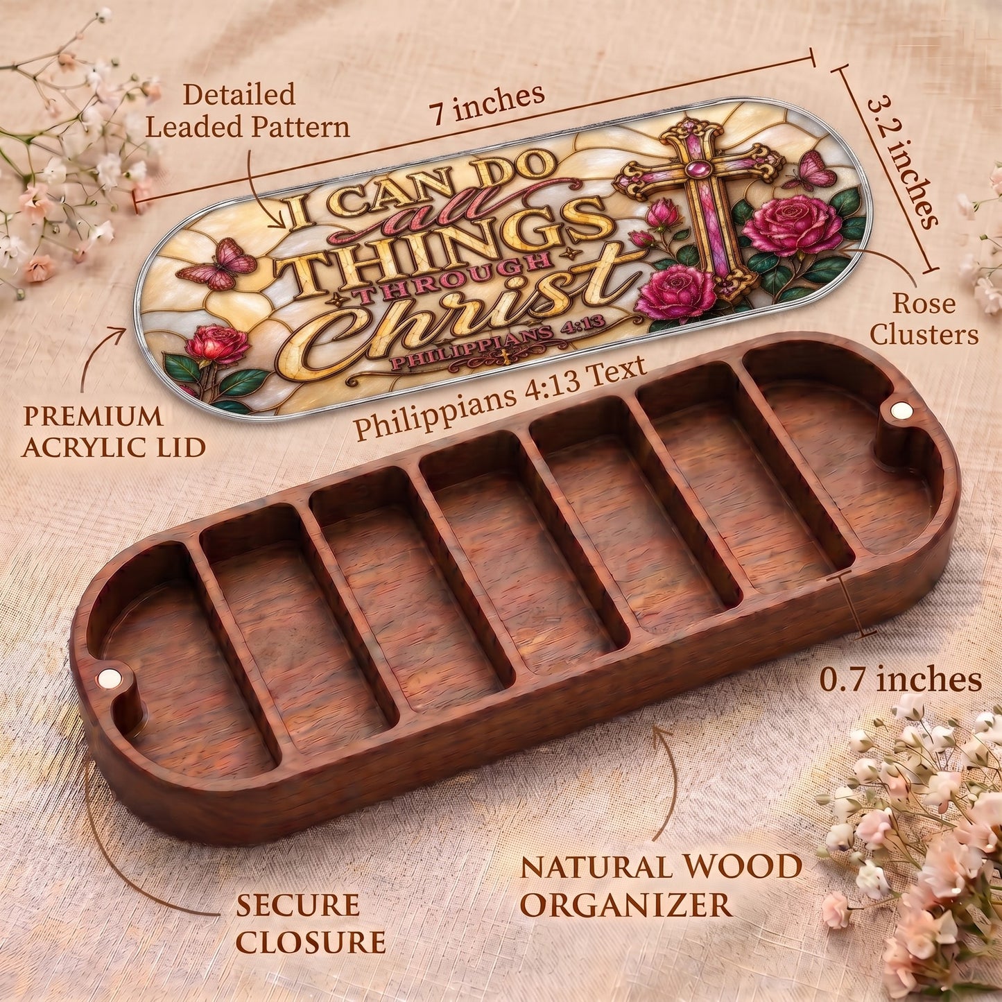 I Can Do All Things Through Christ Philippians 4:13 Pillcase dimensions with pink roses, cross, butterflies and acrylic lid