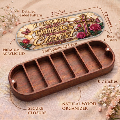 I Can Do All Things Through Christ Philippians 4:13 Pillcase dimensions with pink roses, cross, butterflies and acrylic lid