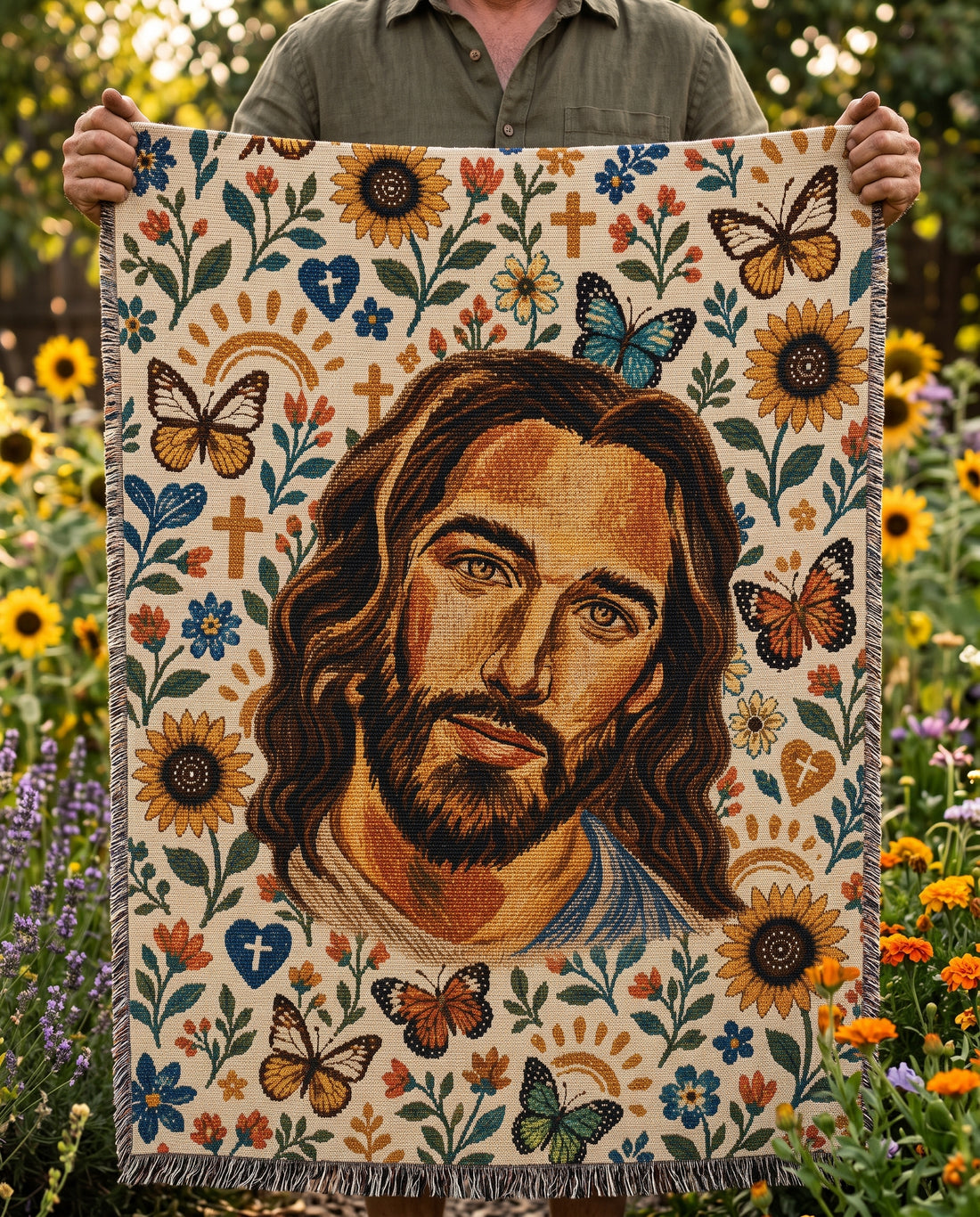 Jesus in the Sunflower Garden Woven Blanket gallery image 6