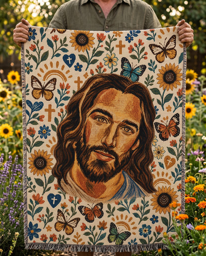 Jesus in the Sunflower Garden Woven Blanket gallery image 6