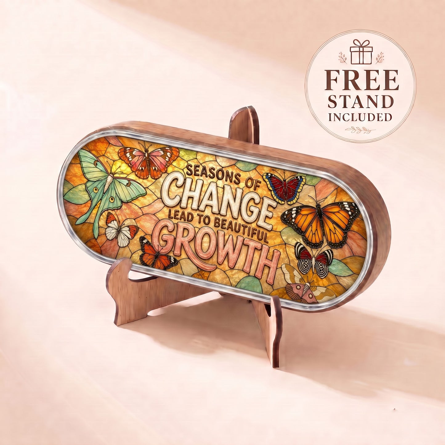 Seasons of Change butterfly and moth Pillcase displayed on included wooden stand