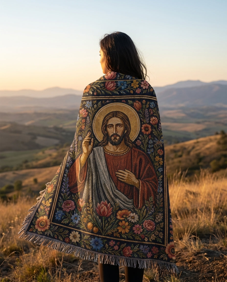 Sacred Heart of Christ - Garden of Grace Woven Blanket