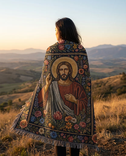 Sacred Heart of Christ - Garden of Grace Woven Blanket