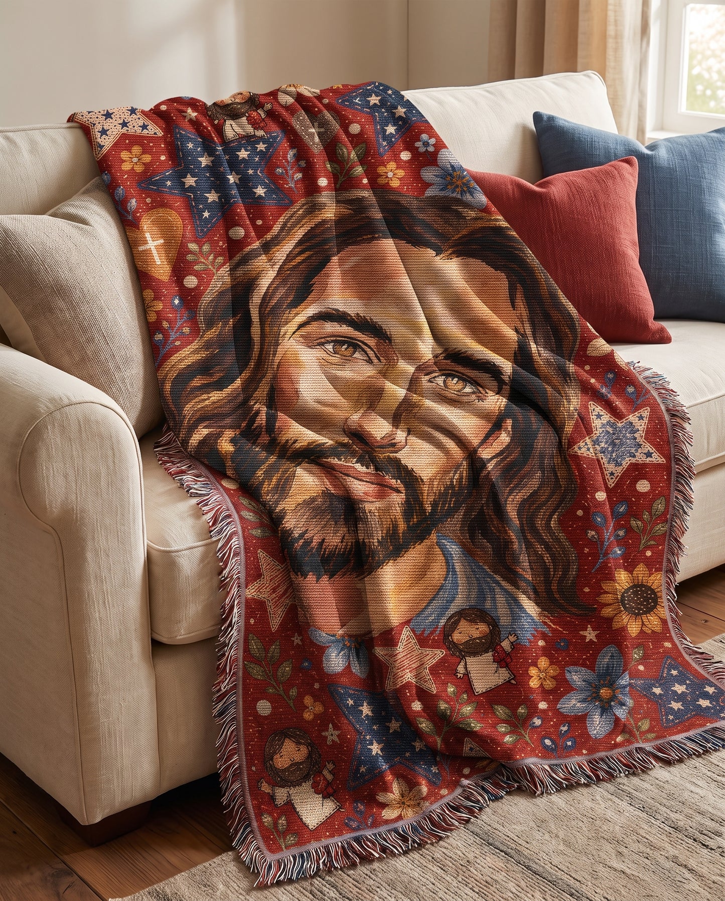Sofa styling - Folk Art Savior Hearts and Stars Woven Blanket