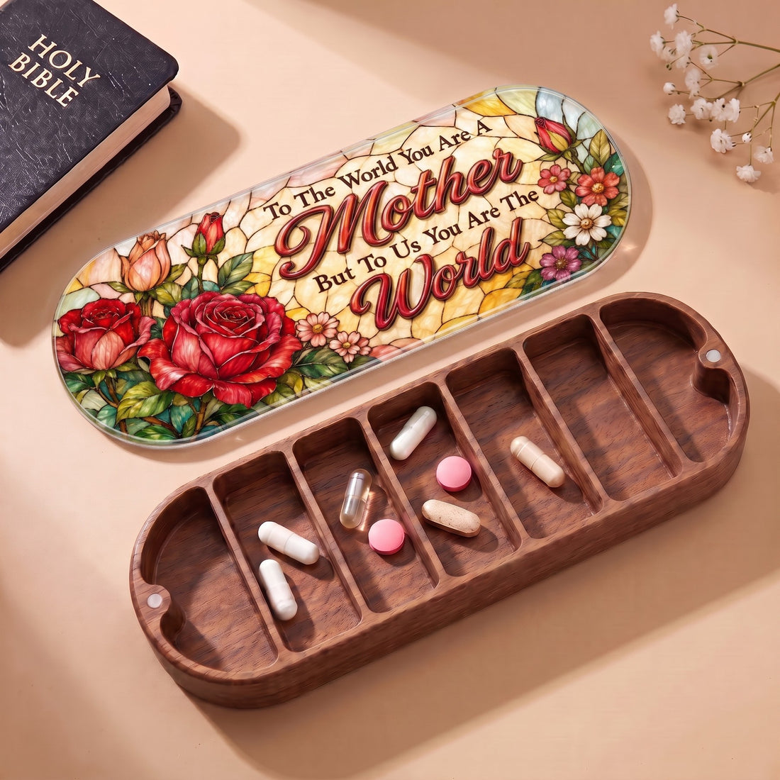 To the World You Are a Mother red rose Pillcase with Holy Bible and daily tablets