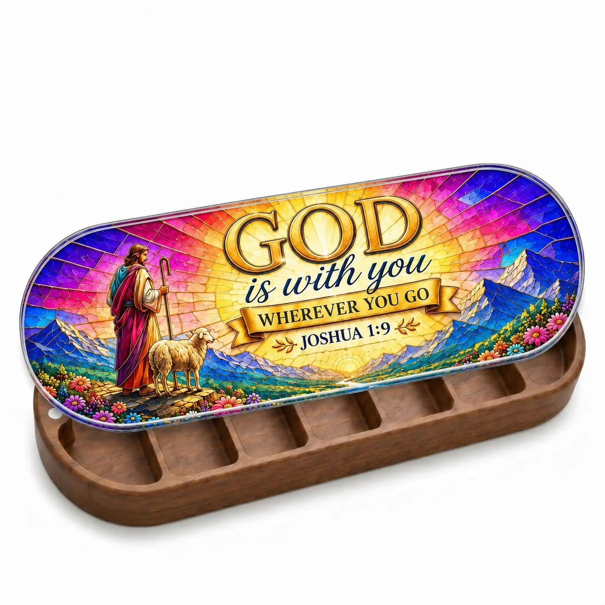 God is with you wherever you go Joshua 1:9 stained glass wooden pill organizer