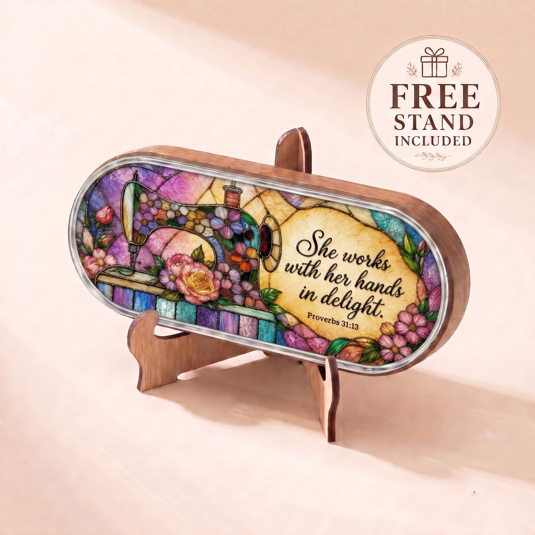 She Works with Her Hands in Delight Proverbs 31:13 sewing floral Pillcase displayed on included wooden stand