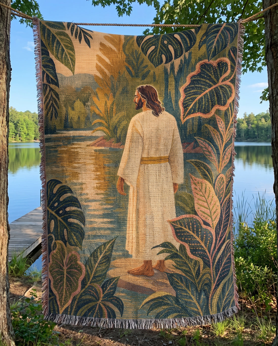 Lakeside hanging mockup - Beside Still Waters with Jesus Woven Blanket