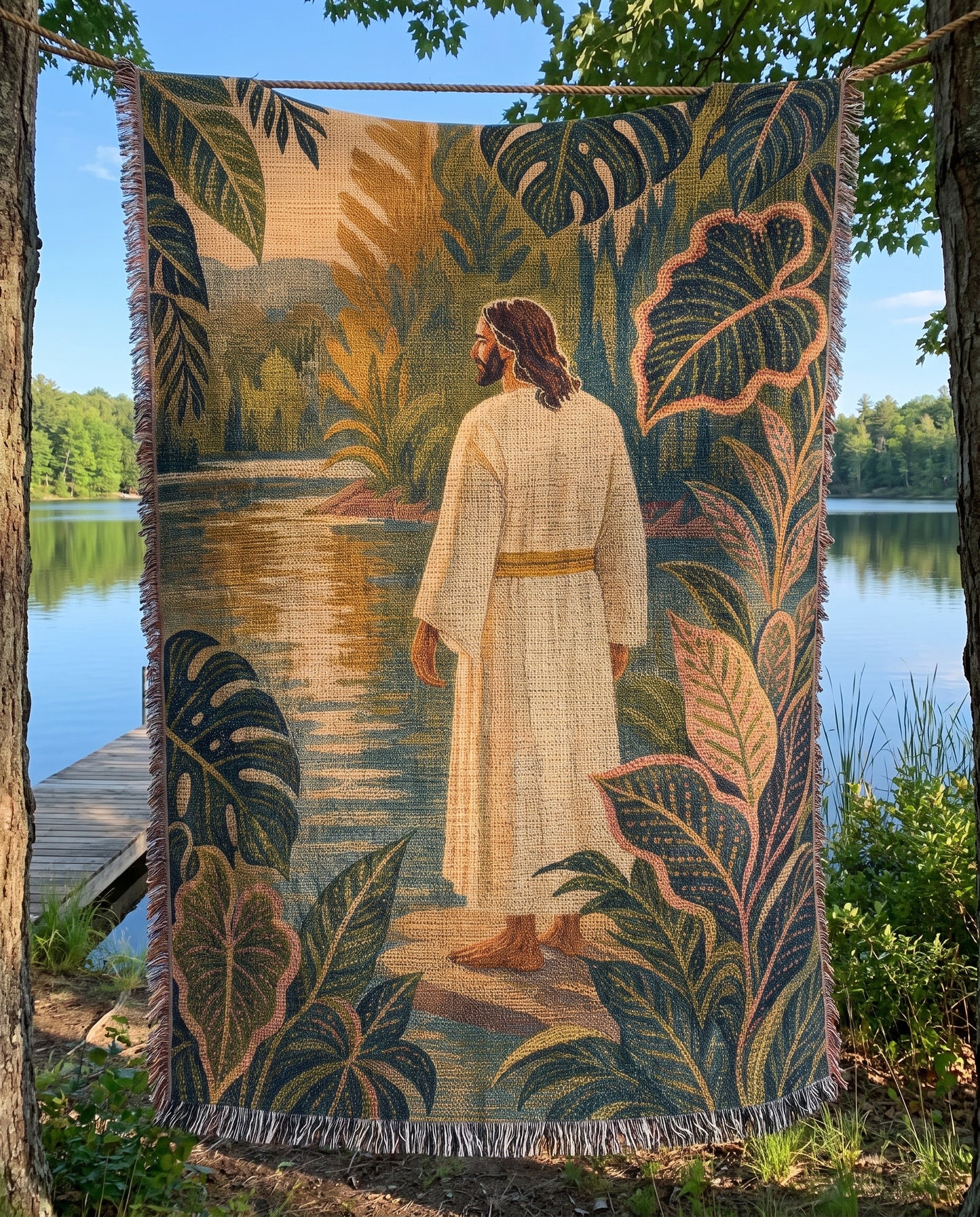 Lakeside hanging mockup - Beside Still Waters with Jesus Woven Blanket