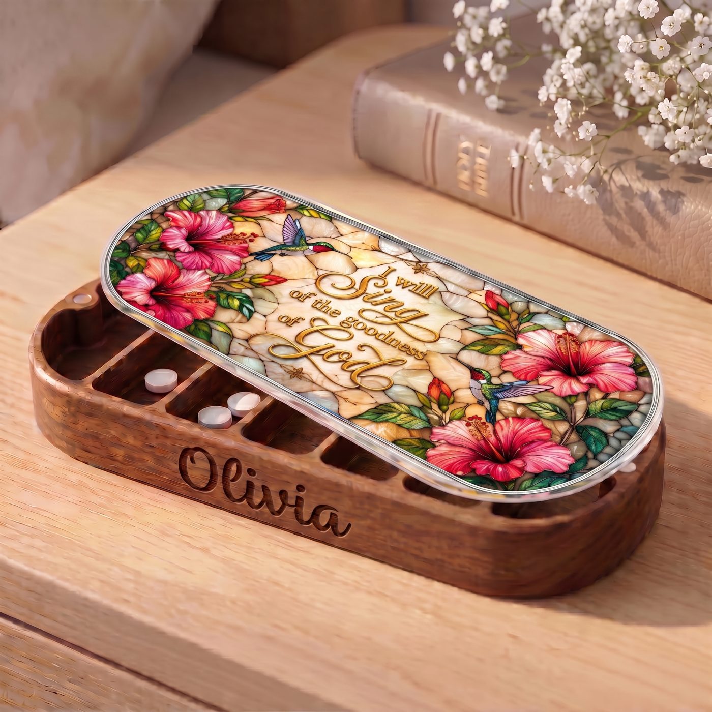 "I Will Sing of the Goodness of God — Hibiscus & Hummingbird Stained Glass" Pill Case dimensions and features