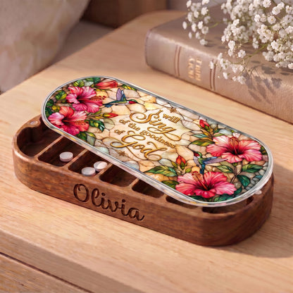"I Will Sing of the Goodness of God — Hibiscus & Hummingbird Stained Glass" Pill Case dimensions and features