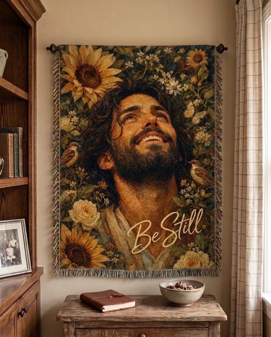 Be Still Sunflower Jesus Woven Blanket gallery image 6