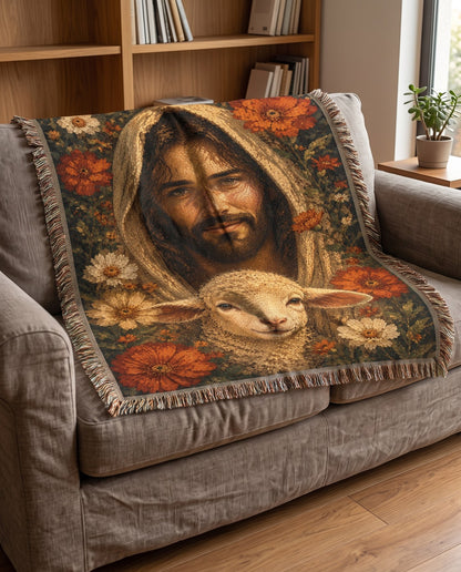 Good Shepherd Lamb and Autumn Florals Woven Blanket