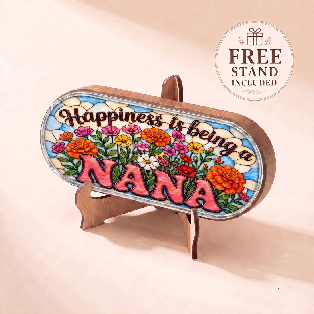 Happiness Is Being a Nana colorful flower-garden Pillcase displayed on included wooden stand