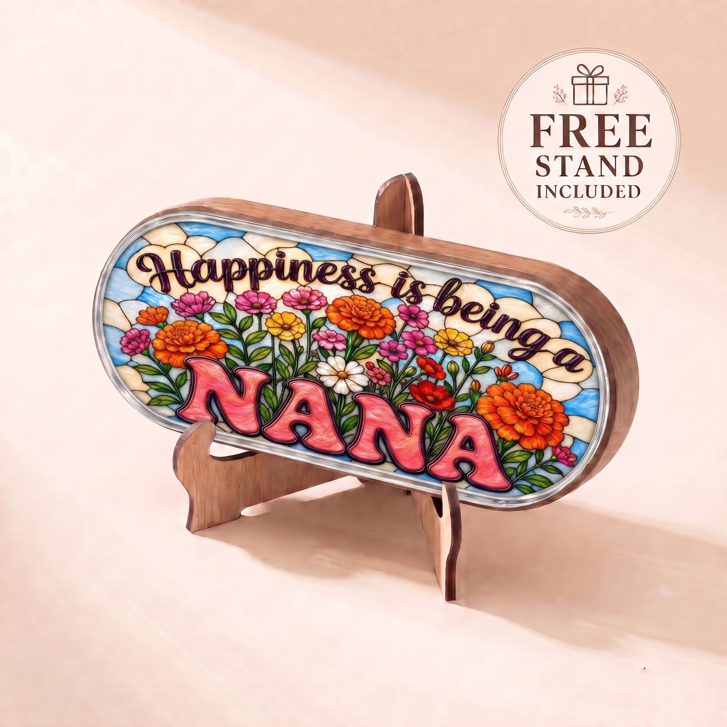Happiness Is Being a Nana colorful flower-garden Pillcase displayed on included wooden stand