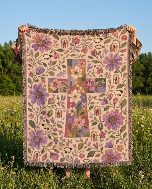 Meadow Cross of Faith - Shepherds Garden Woven Blanket - Meadow Cross of Faith woven blanket held in sunny meadow