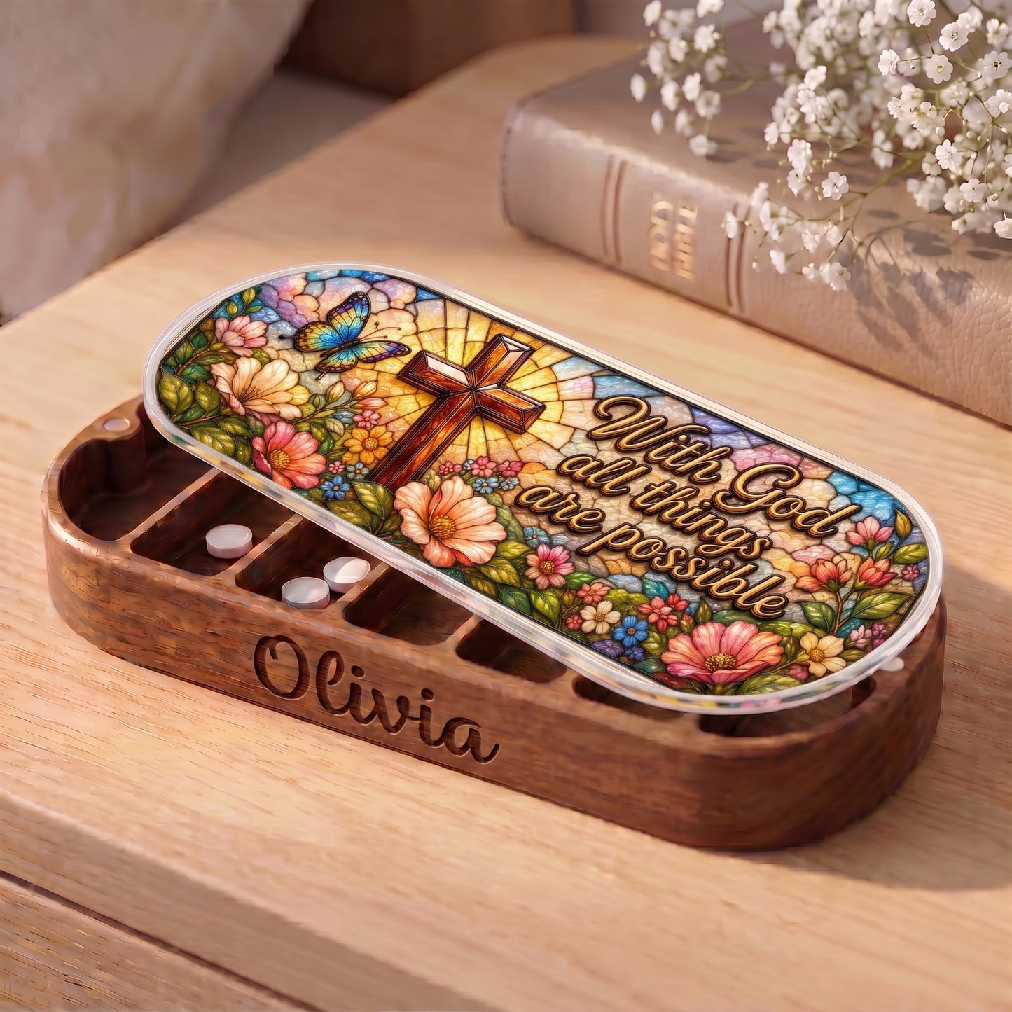 Personalized Olivia Pillcase with With God All Things Are Possible cross, butterfly and floral lid