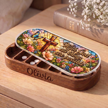 Personalized Olivia Pillcase with With God All Things Are Possible cross, butterfly and floral lid