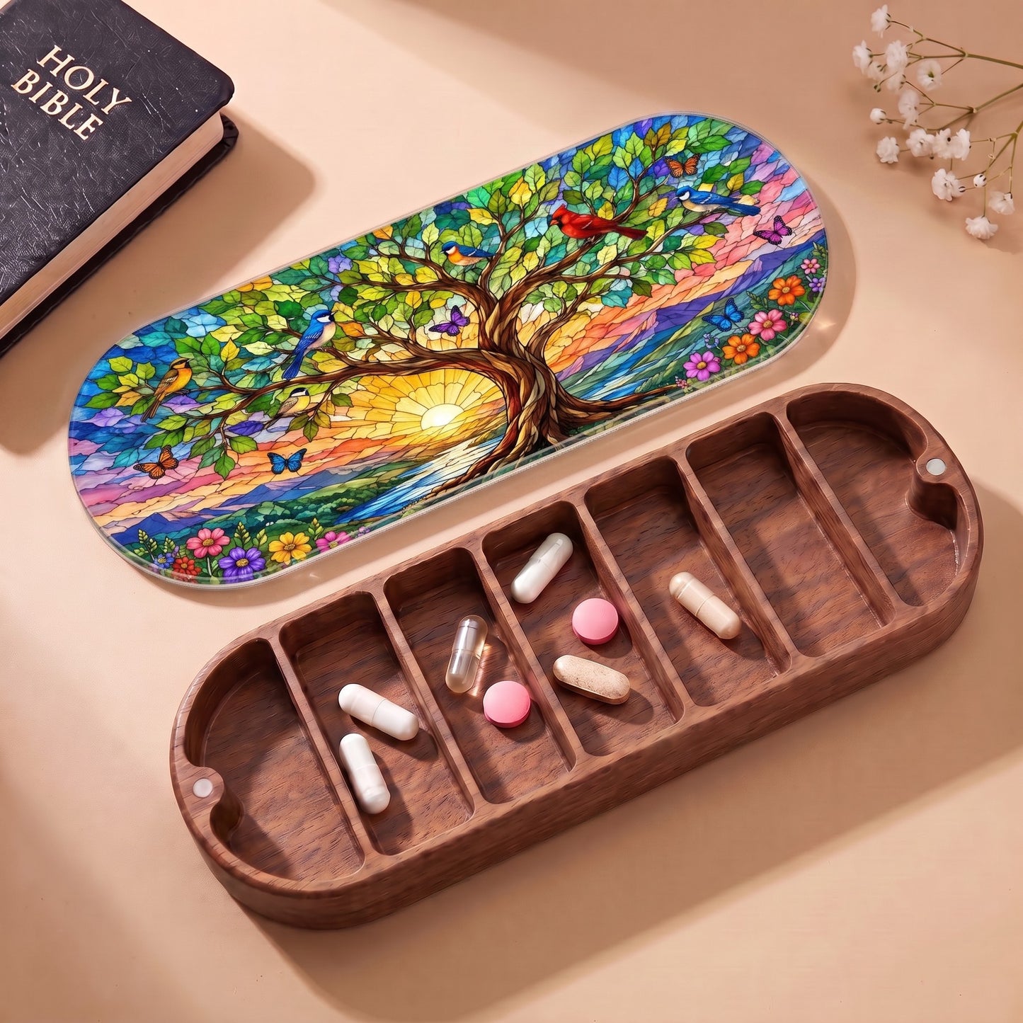 Tree of Life at Sunrise Pillcase with Holy Bible and daily tablets
