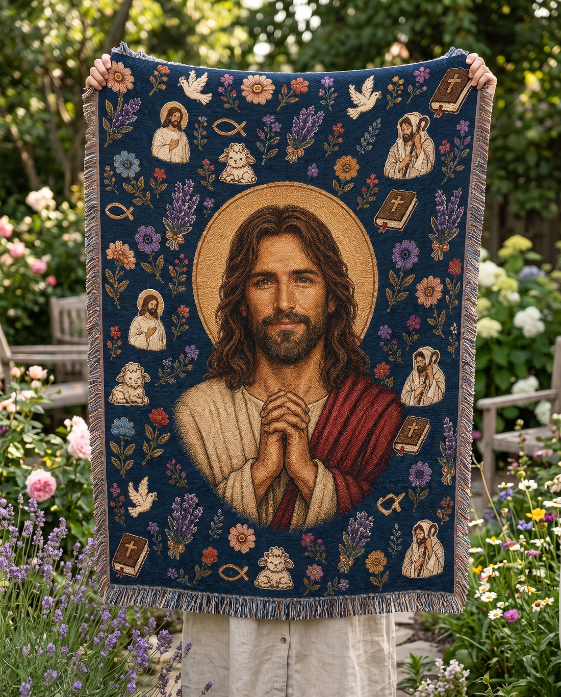 Praying Jesus - Good Shepherd Garden Woven Blanket