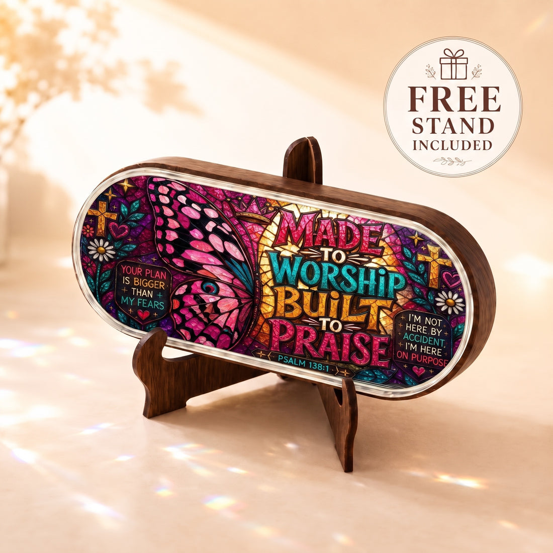 Made to Worship Built to Praise butterfly stained-glass Pillcase displayed on the included wooden stand