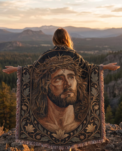 Mountain outdoor lifestyle - Crown of Thorns Sacred Portrait Woven Blanket