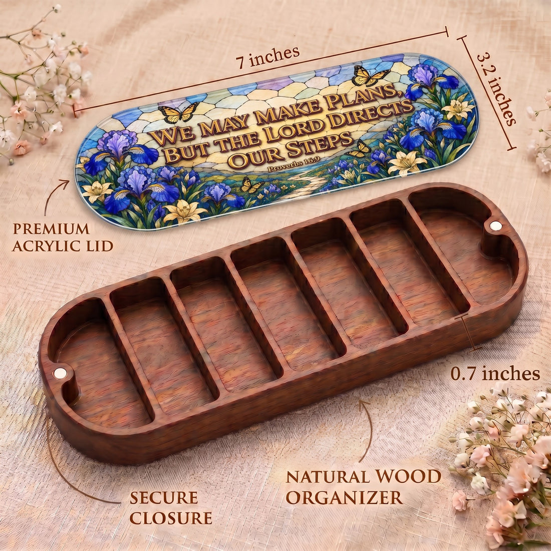 Proverbs 16:9 Pillcase dimensions with floral acrylic lid, secure closure and natural wood organizer