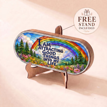 I Am Attracting Good Things rainbow meadow Pillcase displayed on included wooden stand