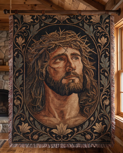 Wall tapestry styling - Crown of Thorns Sacred Portrait Woven Blanket