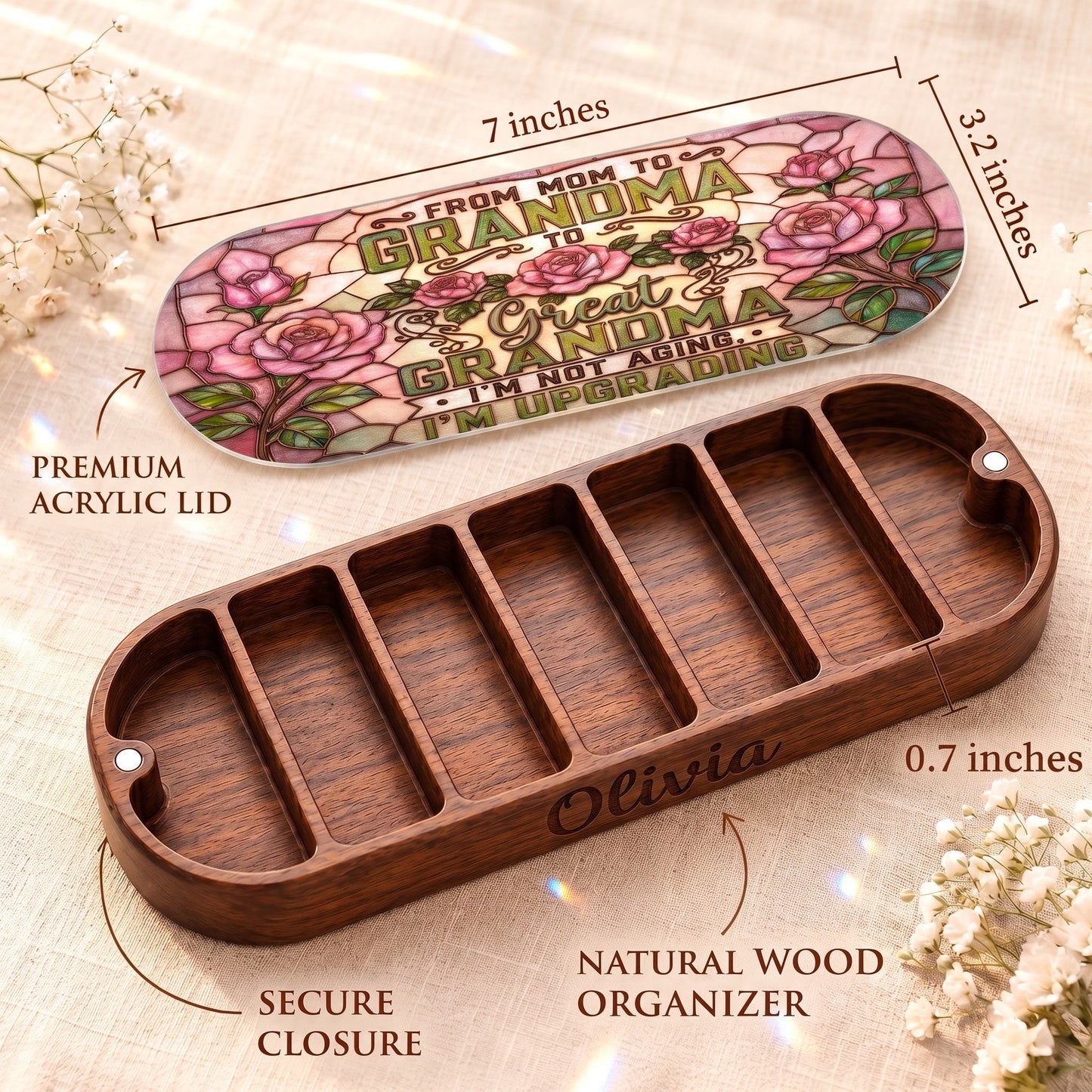 From Mom to Grandma to Great Grandma Pillcase dimensions with acrylic lid, secure closure and natural wood organizer