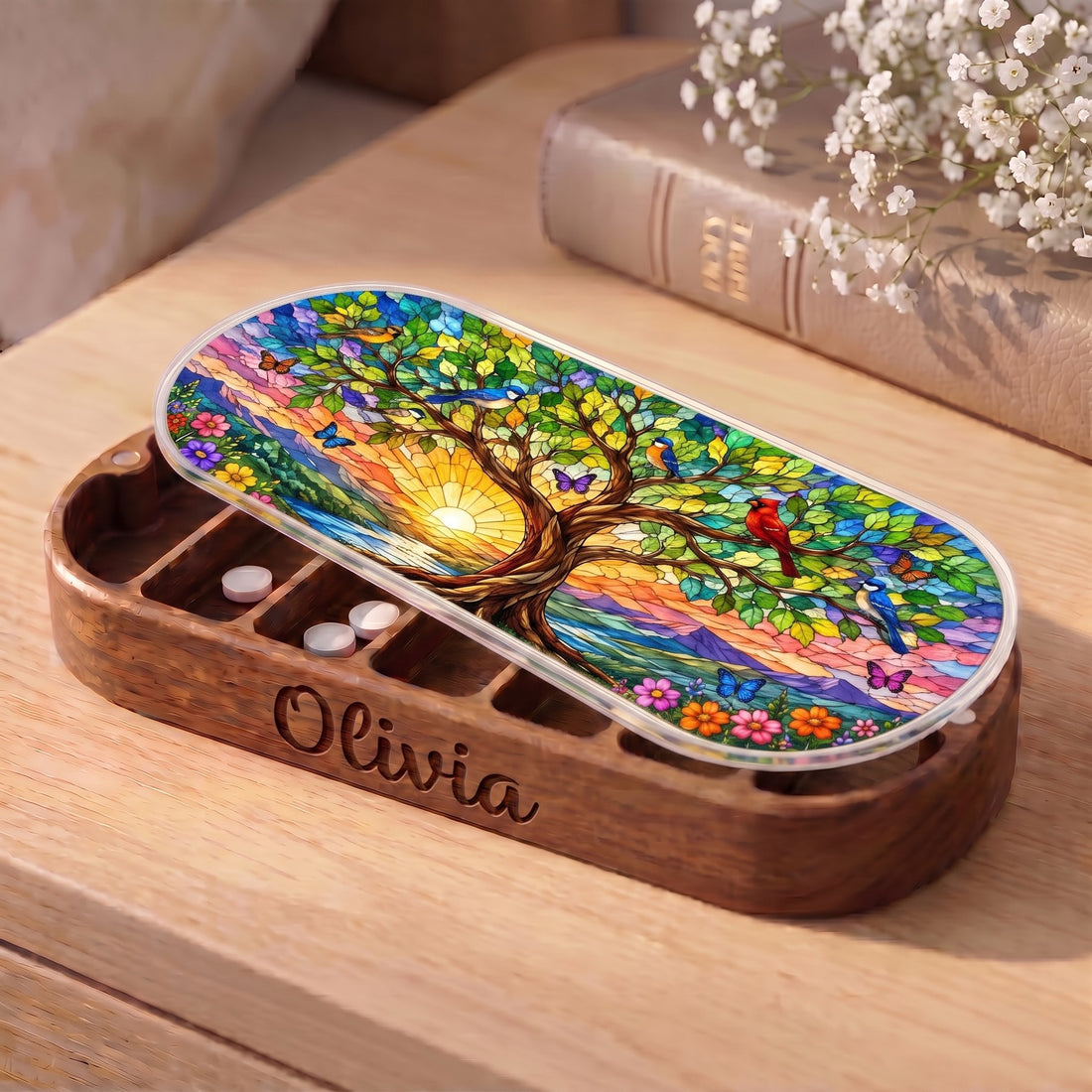 Personalized Olivia Pillcase with colorful tree, sunrise, songbirds and butterflies