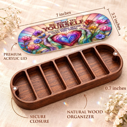 Be Kind to Yourself Pillcase dimensions with premium acrylic lid, secure closure and natural wood organizer