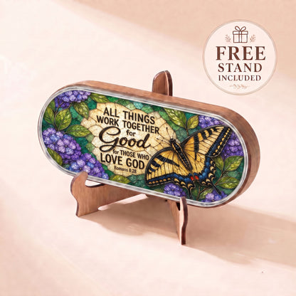 Romans 8:28 swallowtail butterfly stained-glass Pillcase lid displayed on included wooden stand
