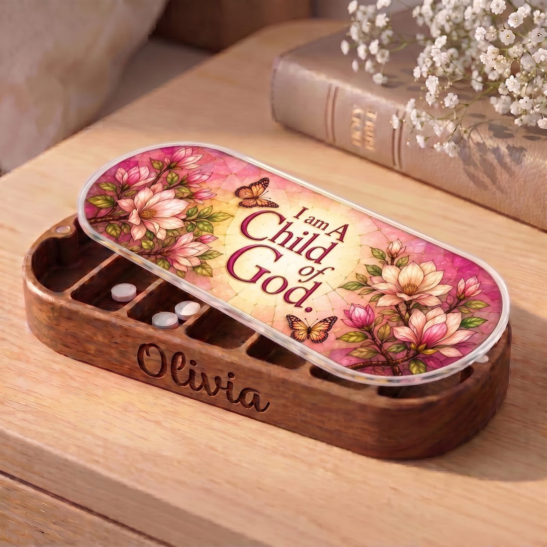 "I Am a Child of God — Magnolia & Butterfly Stained Glass" Pill Case clean product view