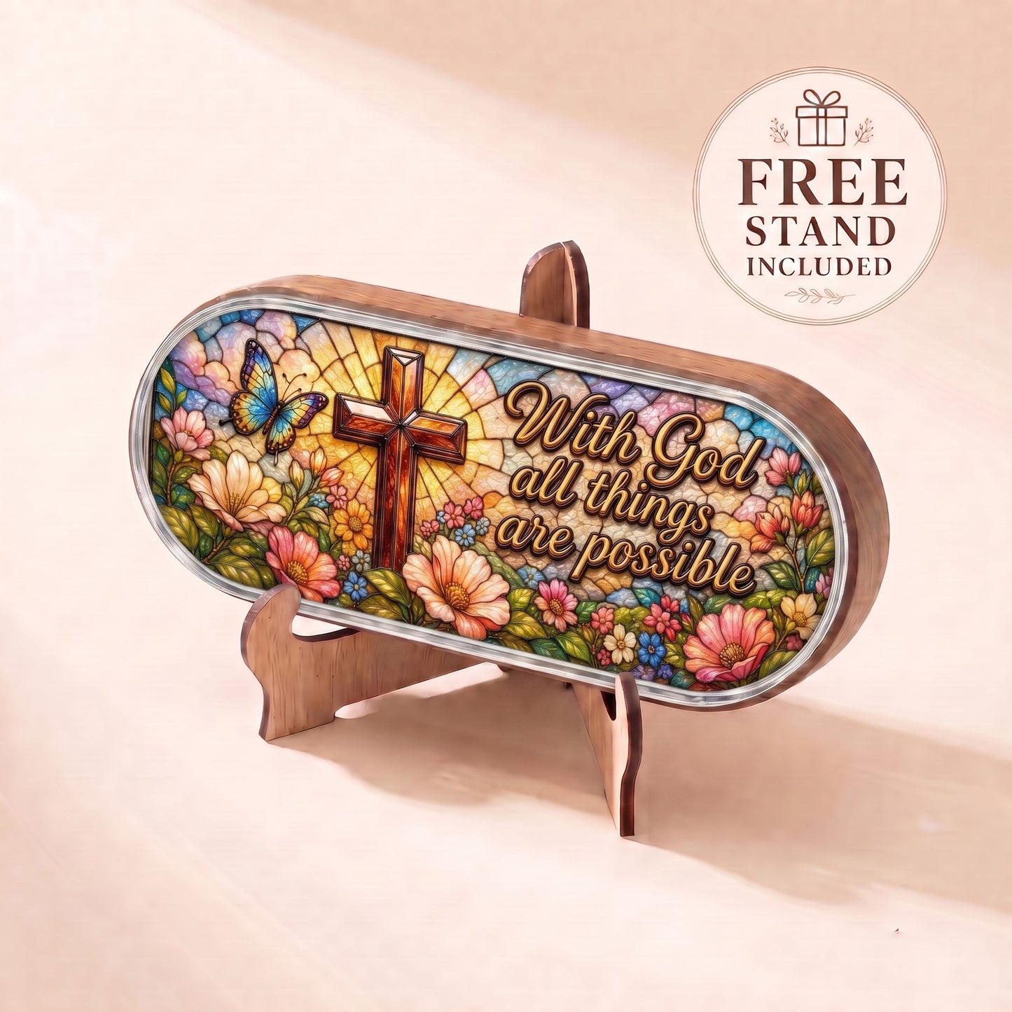 With God All Things Are Possible cross and butterfly Pillcase displayed on included wooden stand
