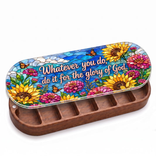 Open wooden Pillcase with sunflower monarch floral stained-glass lid on white