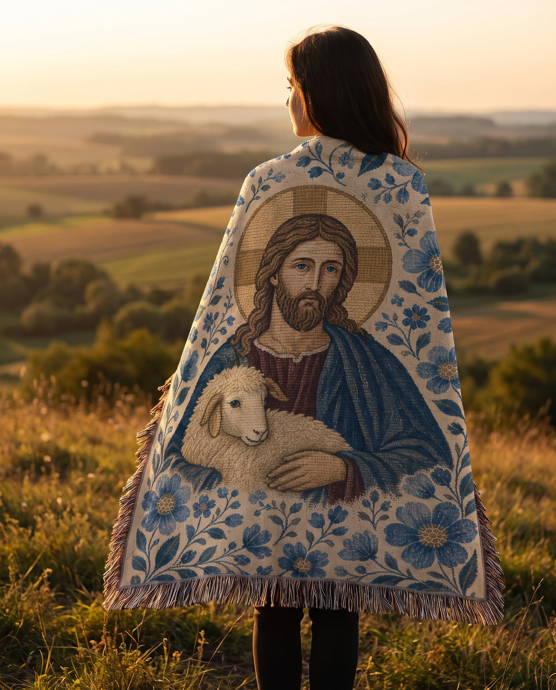 Good Shepherd of Grace - Blue Garden Woven Blanket - Good Shepherd blue garden woven blanket worn outdoors