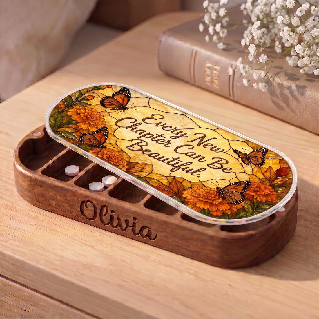 Personalized Olivia Pillcase with autumn flowers, monarch-style butterflies and Every New Chapter Can Be Beautiful lid
