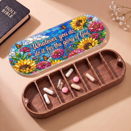 Open wooden Pillcase with sunflower monarch lid, Holy Bible and daily tablets