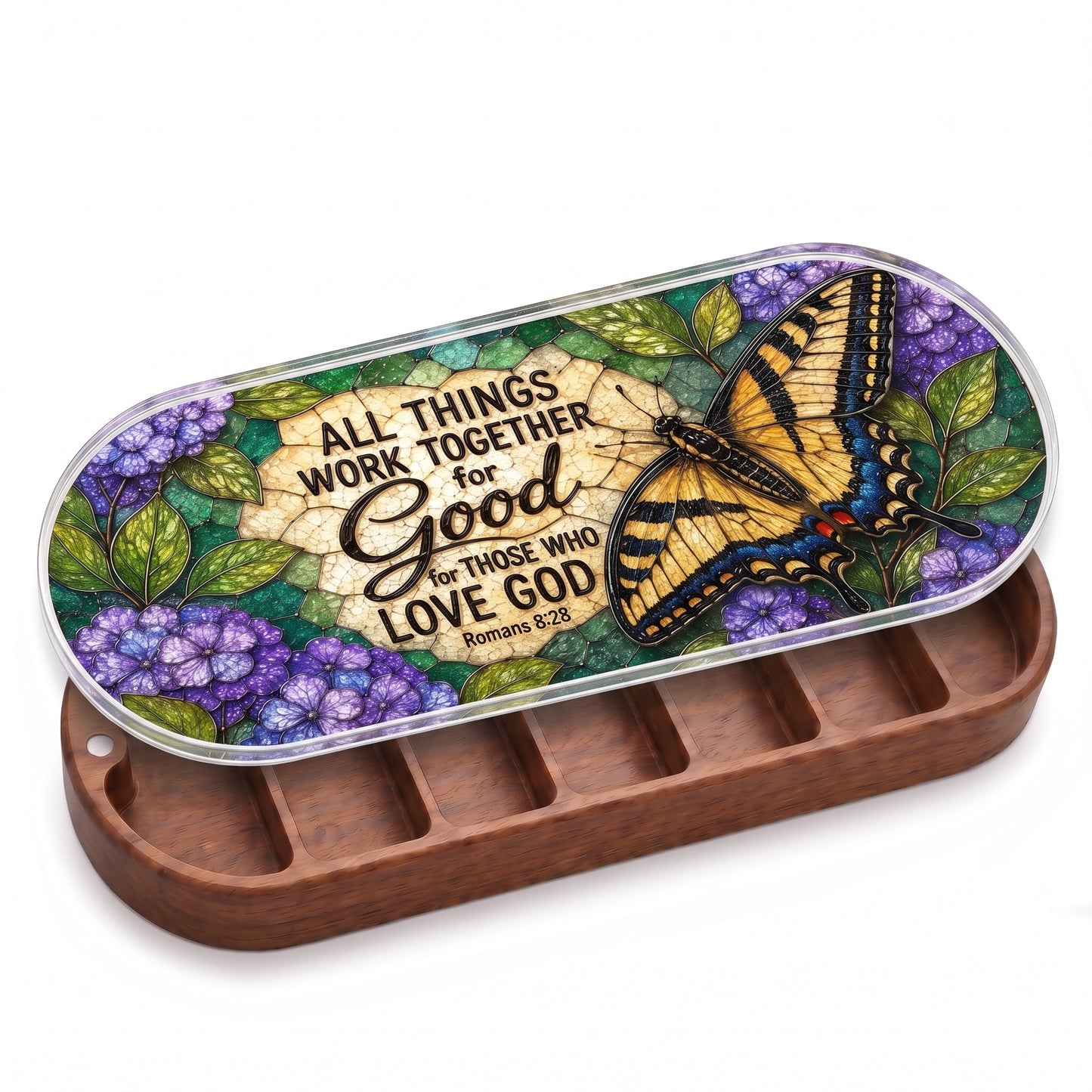 Open wooden Pillcase with All Things Work Together for Good Romans 8:28 lid on white