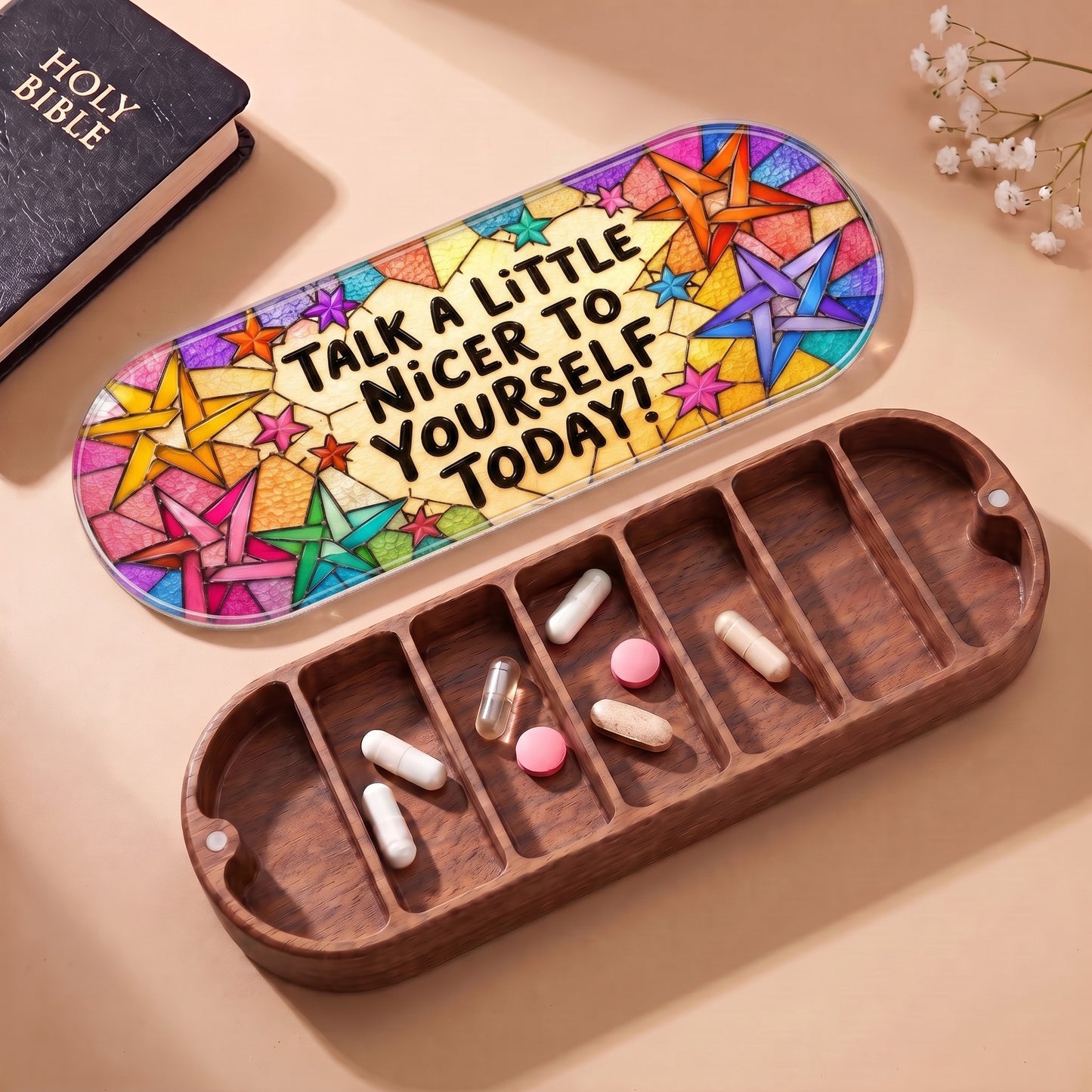 Talk a Little Nicer to Yourself Today Pillcase with Holy Bible, colorful stained-glass-style stars and daily tablets