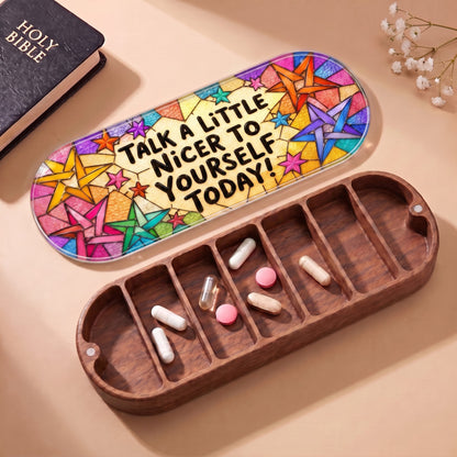 Talk a Little Nicer to Yourself Today Pillcase with Holy Bible, colorful stained-glass-style stars and daily tablets
