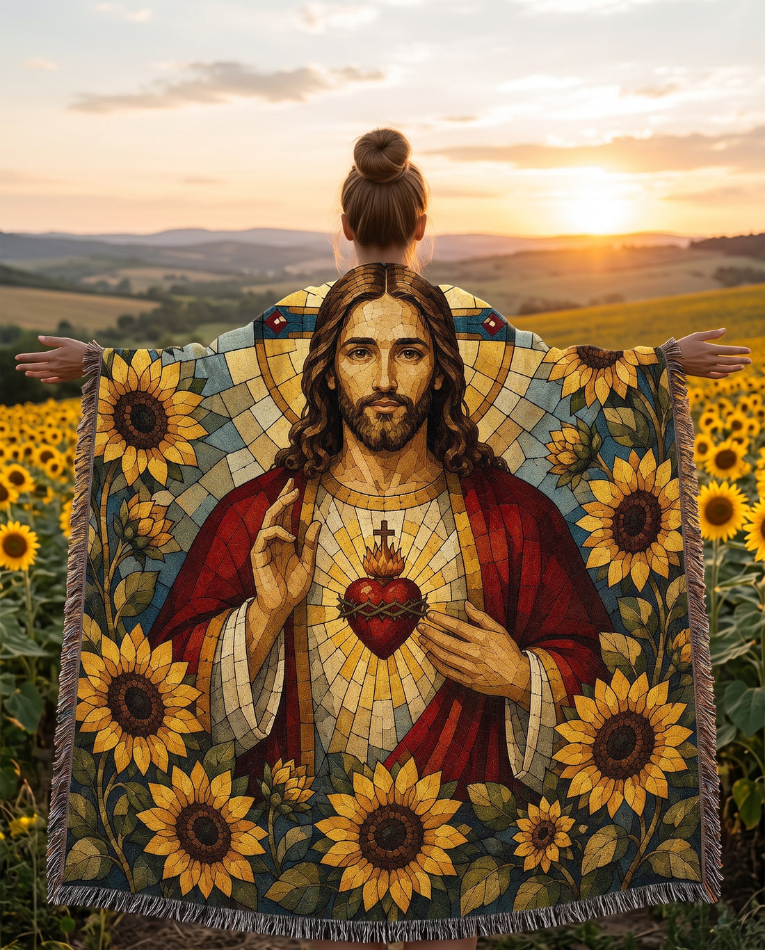 Sacred Heart of Jesus - Sunflower Mosaic Woven Blanket