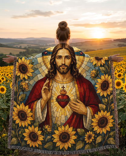 Sacred Heart of Jesus - Sunflower Mosaic Woven Blanket