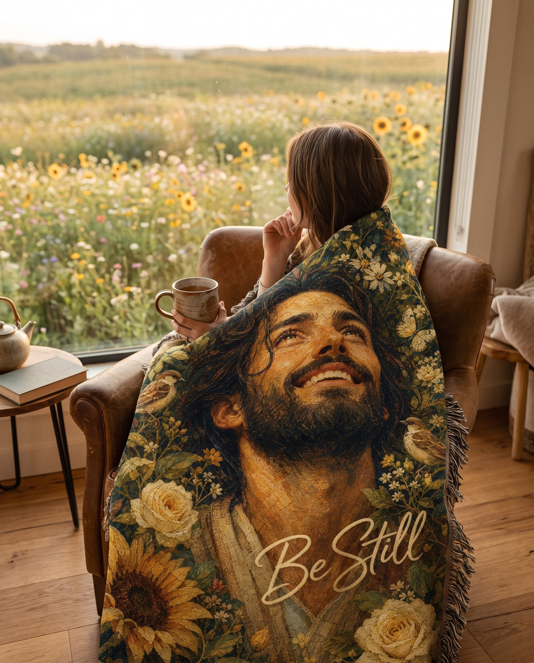 Be Still Sunflower Jesus Woven Blanket gallery image 2