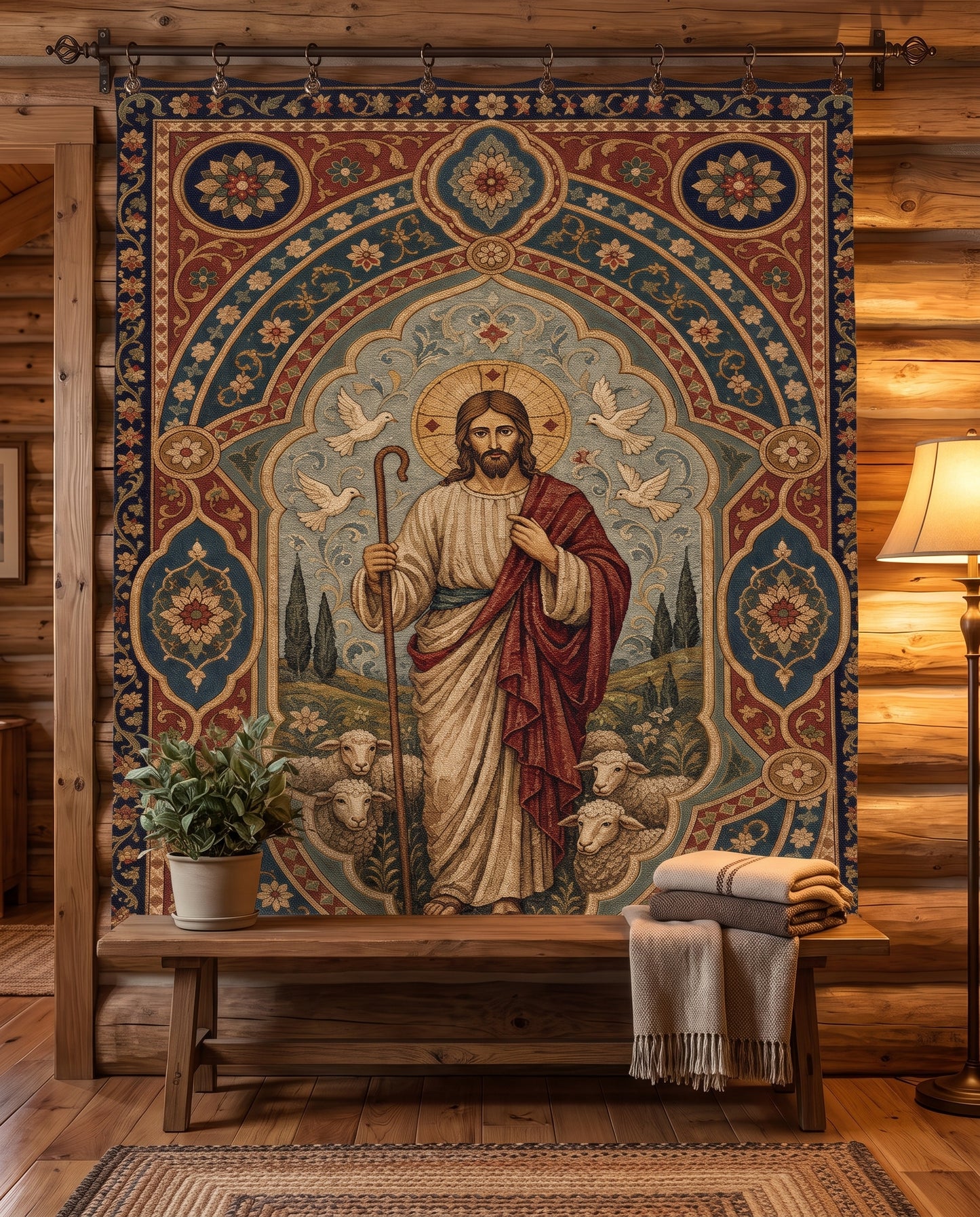 Cabin wall tapestry styling - Good Shepherd Peace Woven Blanket