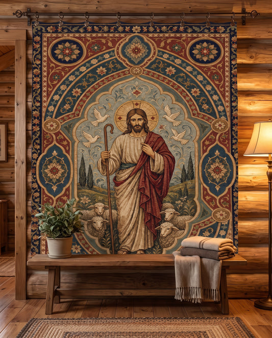 Cabin wall tapestry styling - Good Shepherd Peace Woven Blanket