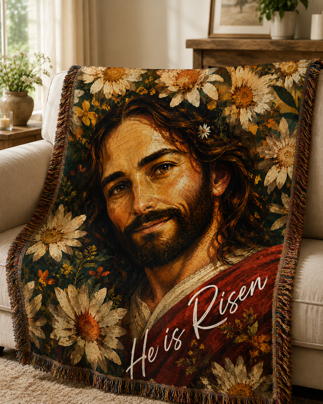 He Is Risen Floral Jesus Woven Blanket gallery image 2